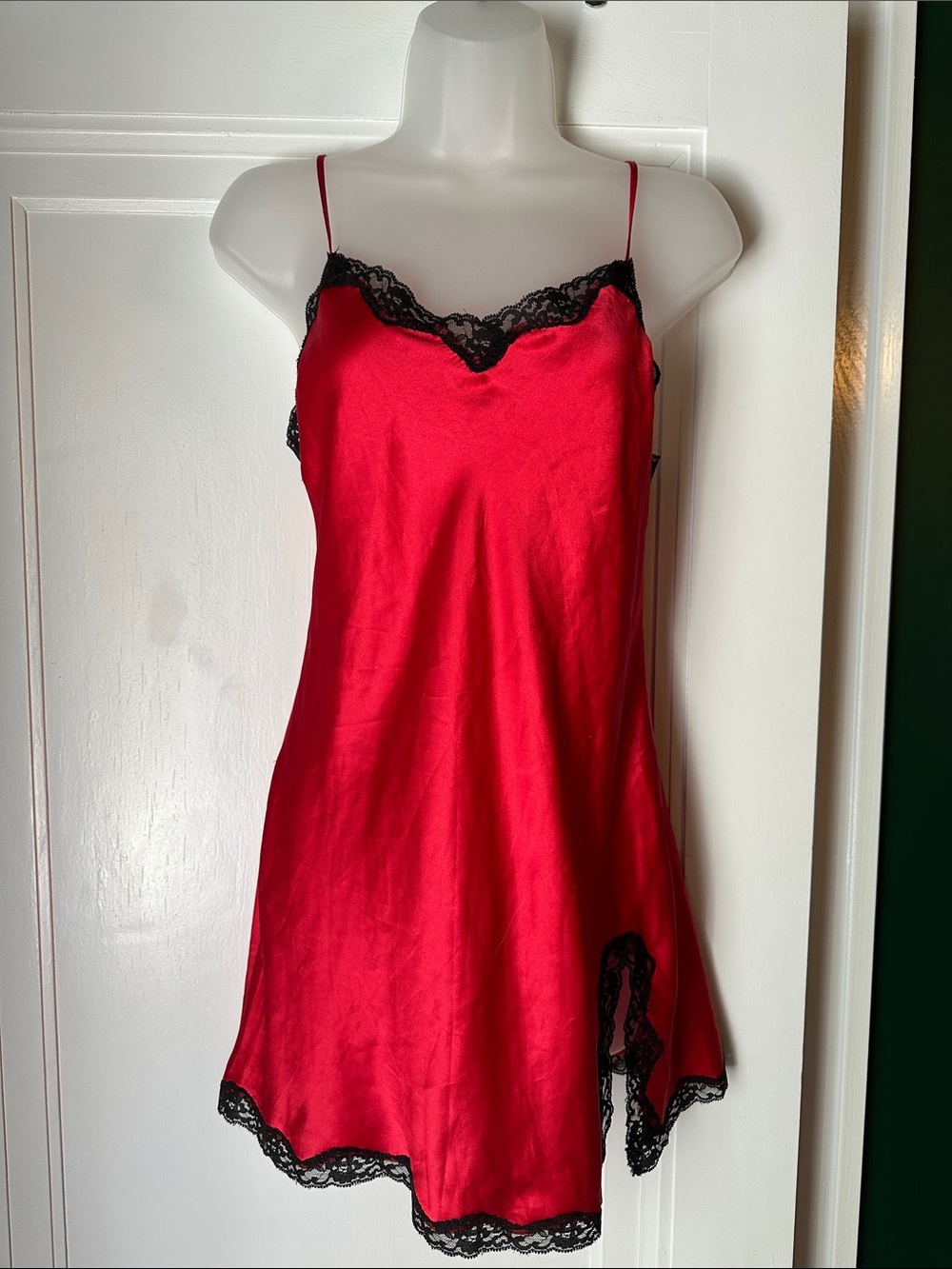Victoria's Secret Red Satin Slip with Black Lace Trim